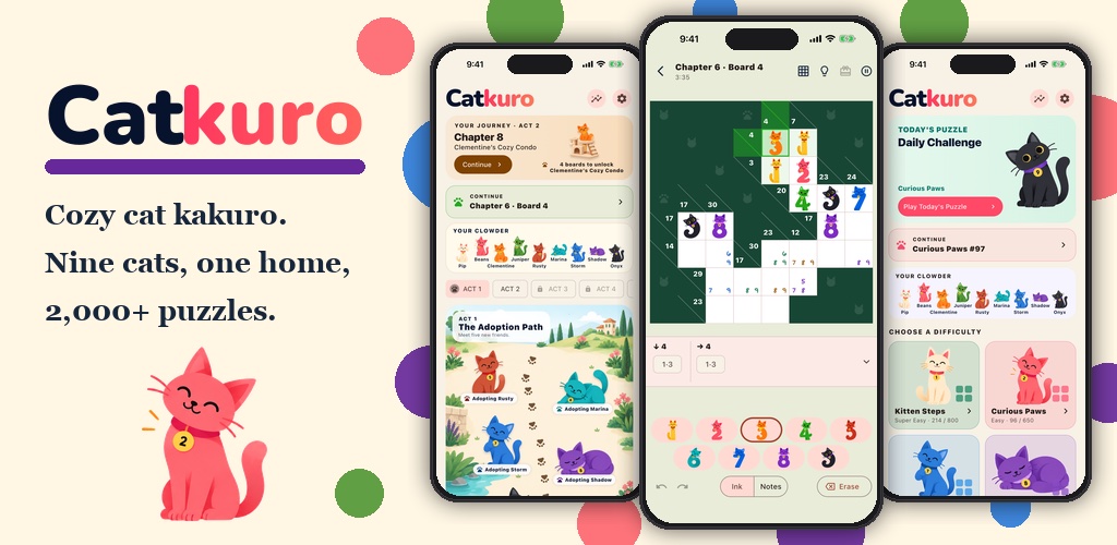 Catkuro feature graphic with the logo, the tagline Cozy cat kakuro, Nine cats, one home, 2,000+ puzzles, and a smiling pink cat, beside phone screens of the adoption path, a cat-digit board in progress, and the daily challenge