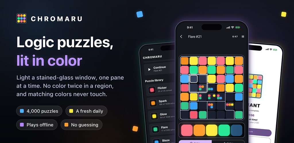 Chromaru feature graphic with the logo, the headline Logic puzzles, lit in color, and feature tags for 4,000 puzzles, a fresh daily, offline play, and no guessing, beside phone screens of the puzzle library and a stained-glass board in progress