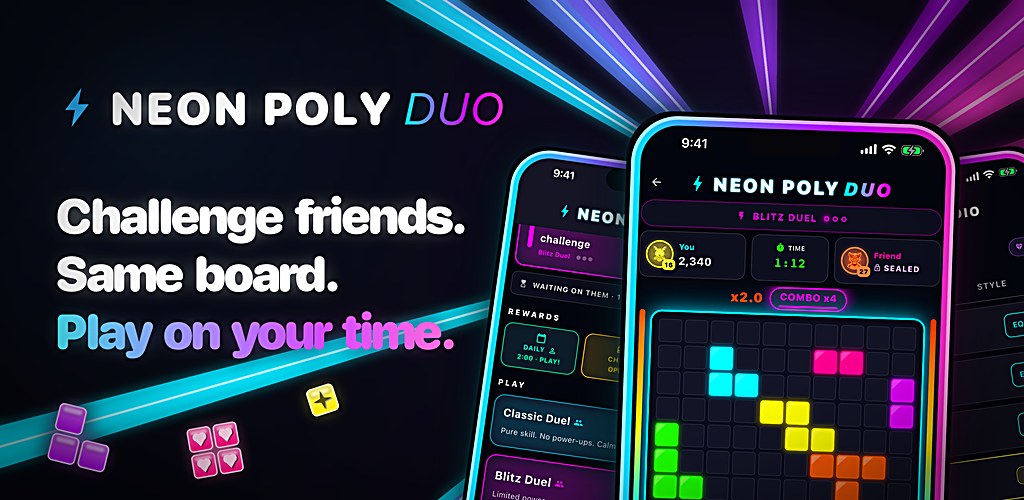 Neon Poly Duo feature graphic with the tagline Challenge friends, Same board, Play on your time, beside phone screens of a Blitz duel against a friend and the duel menu