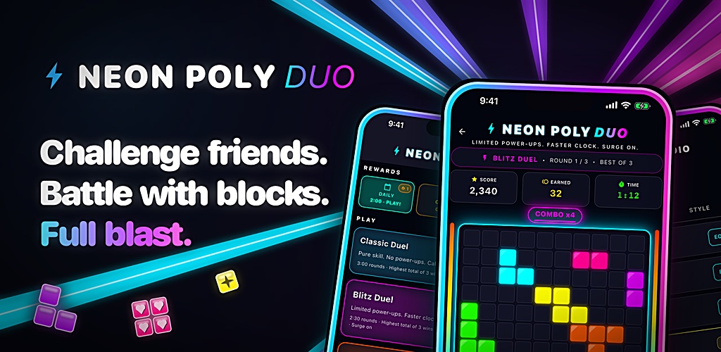 Neon Poly Duo feature graphic with the tagline Challenge friends, Battle with blocks, Full blast, beside phone screens of a Blitz duel and the duel menu